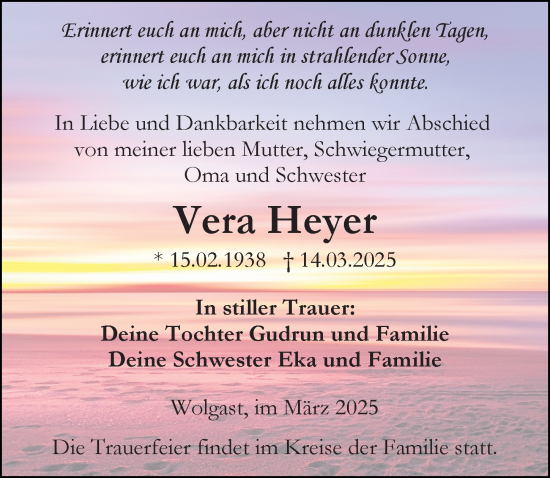 Traueranzeige von Vera Heyer von Ostsee-Zeitung GmbH