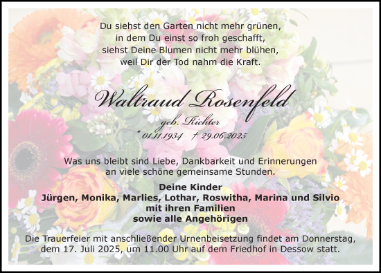 Traueranzeige von Waltraud Rosenfeld von Wochenspiegel