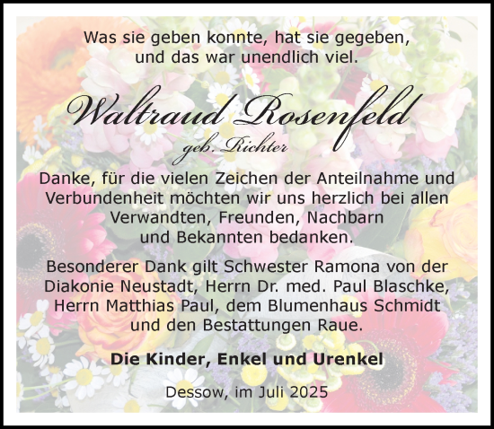 Traueranzeige von Waltraud Rosenfeld von Wochenspiegel