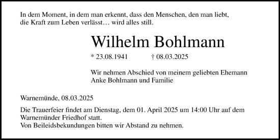 Traueranzeige von Wilhelm Bohlmann von Ostsee-Zeitung GmbH