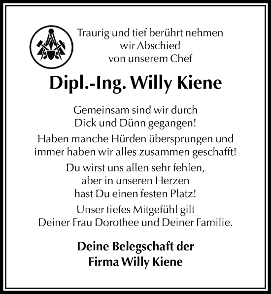 Traueranzeige von Willy Kiene von Täglicher Anzeiger Holzminden