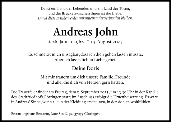 Traueranzeige von Andreas John von Göttinger Tageblatt
