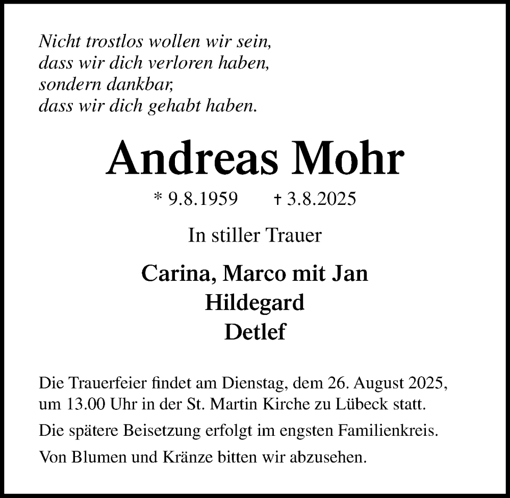  Traueranzeige für Andreas Mohr vom 17.08.2025 aus Lübecker Nachrichten