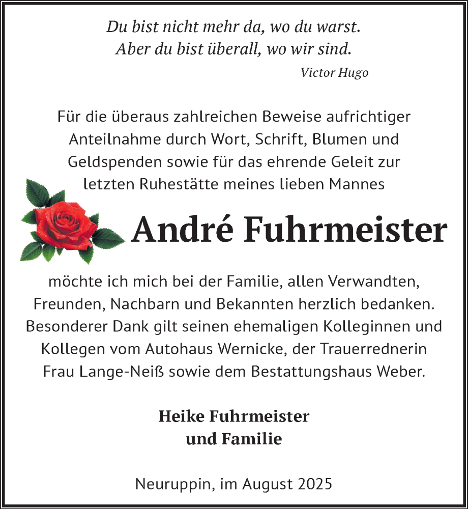  Traueranzeige für André Fuhrmeister vom 16.08.2025 aus Wochenspiegel