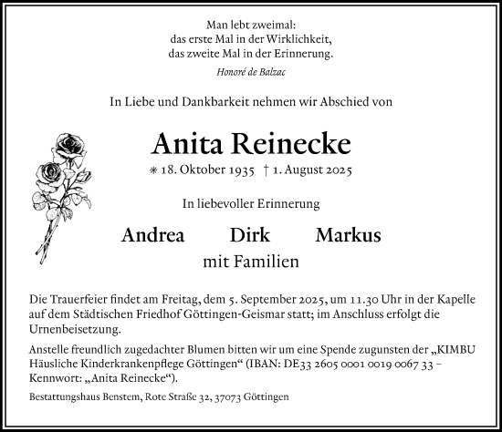 Traueranzeige von Anita Reinecke von Göttinger Tageblatt