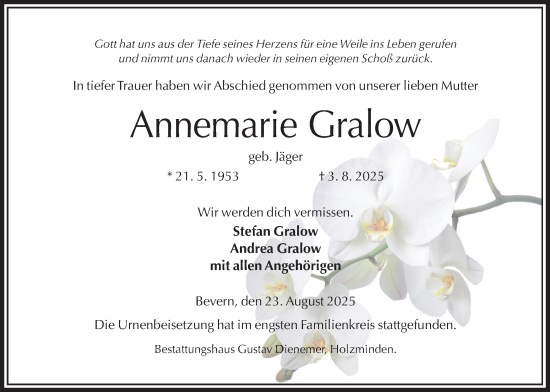 Traueranzeige von Annemarie Gralow von Täglicher Anzeiger Holzminden