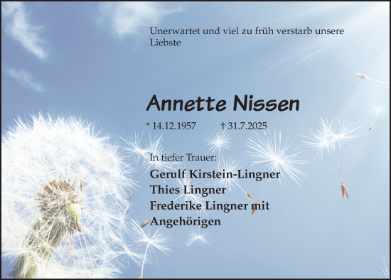 Traueranzeige von Annette Nissen von Lübecker Nachrichten