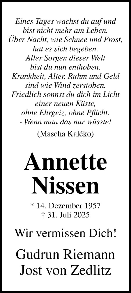 Traueranzeige von Annette Nissen von Lübecker Nachrichten