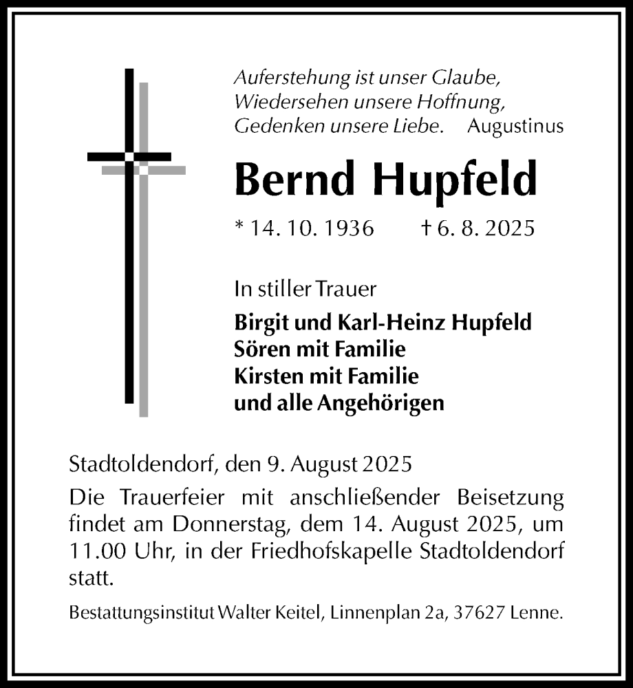  Traueranzeige für Bernd Hupfeld vom 09.08.2025 aus Täglicher Anzeiger Holzminden