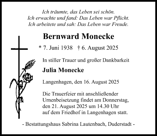 Traueranzeige von Bernward Monecke von Eichsfelder Tageblatt