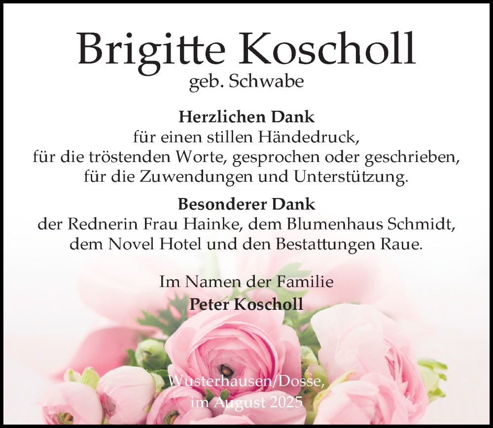  Traueranzeige für Brigitte Koscholl vom 16.08.2025 aus Wochenspiegel