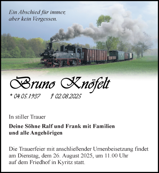 Traueranzeige von Bruno Knöfelt von Wochenspiegel