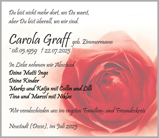 Traueranzeige von Carola Graff von Wochenspiegel