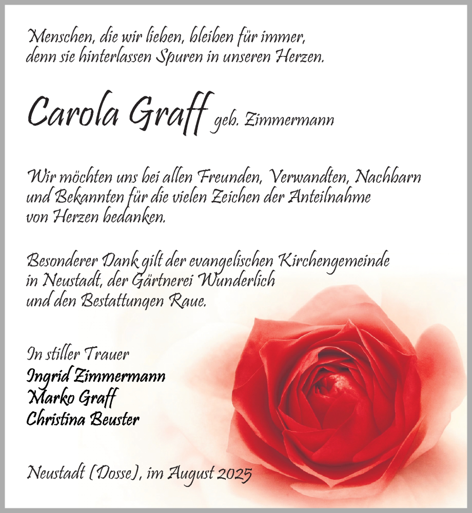  Traueranzeige für Carola Graff vom 30.08.2025 aus Wochenspiegel