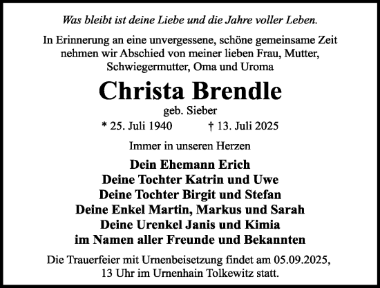 Traueranzeige von Christa Brendle von Sächsische Zeitung