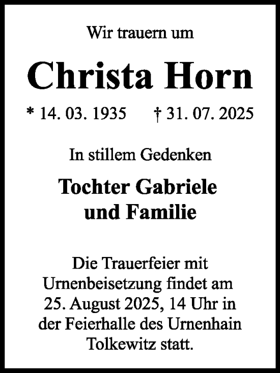 Traueranzeige von Christa Horn von Sächsische Zeitung