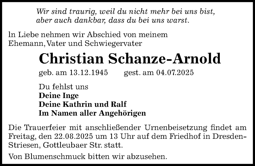  Traueranzeige für Christian Schanze-Arnold vom 09.08.2025 aus Sächsische Zeitung