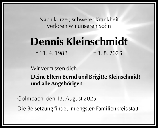 Traueranzeige von Dennis Kleinschmidt von Täglicher Anzeiger Holzminden