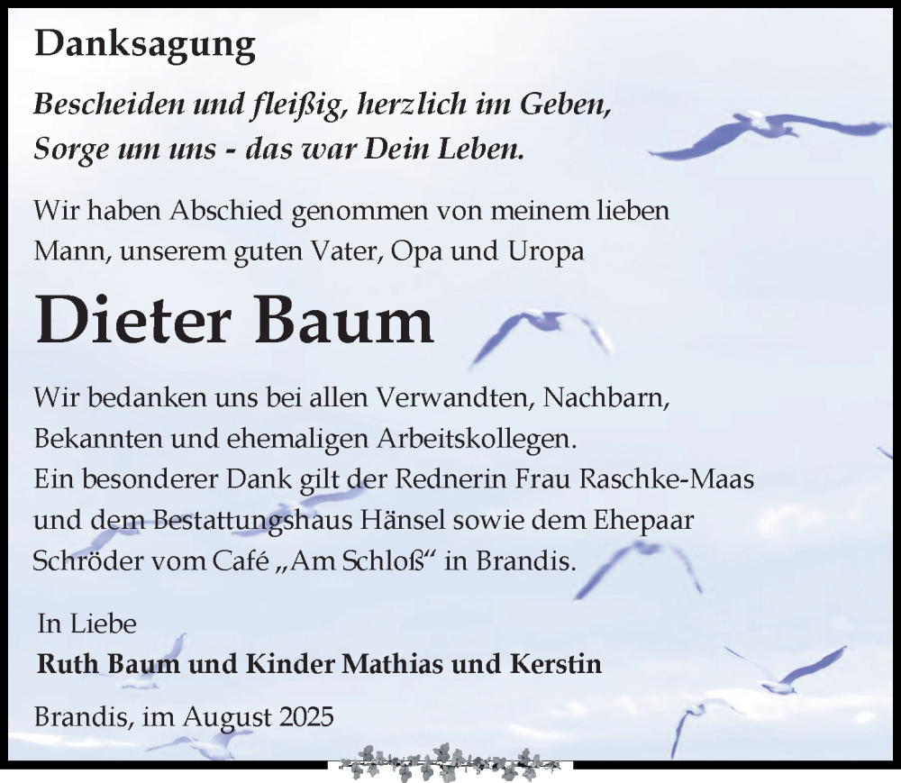  Traueranzeige für Dieter Baum vom 30.08.2025 aus Leipziger Volkszeitung