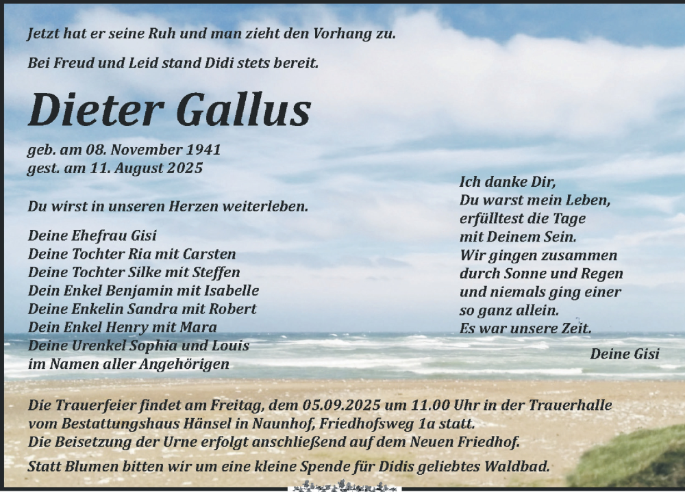  Traueranzeige für Dieter Gallus vom 23.08.2025 aus Leipziger Volkszeitung