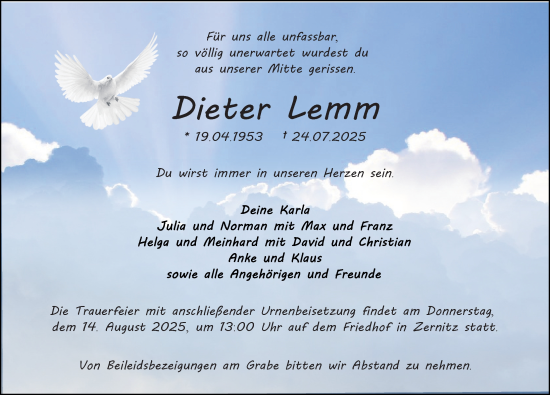 Traueranzeige von Dieter Lemm von Wochenspiegel
