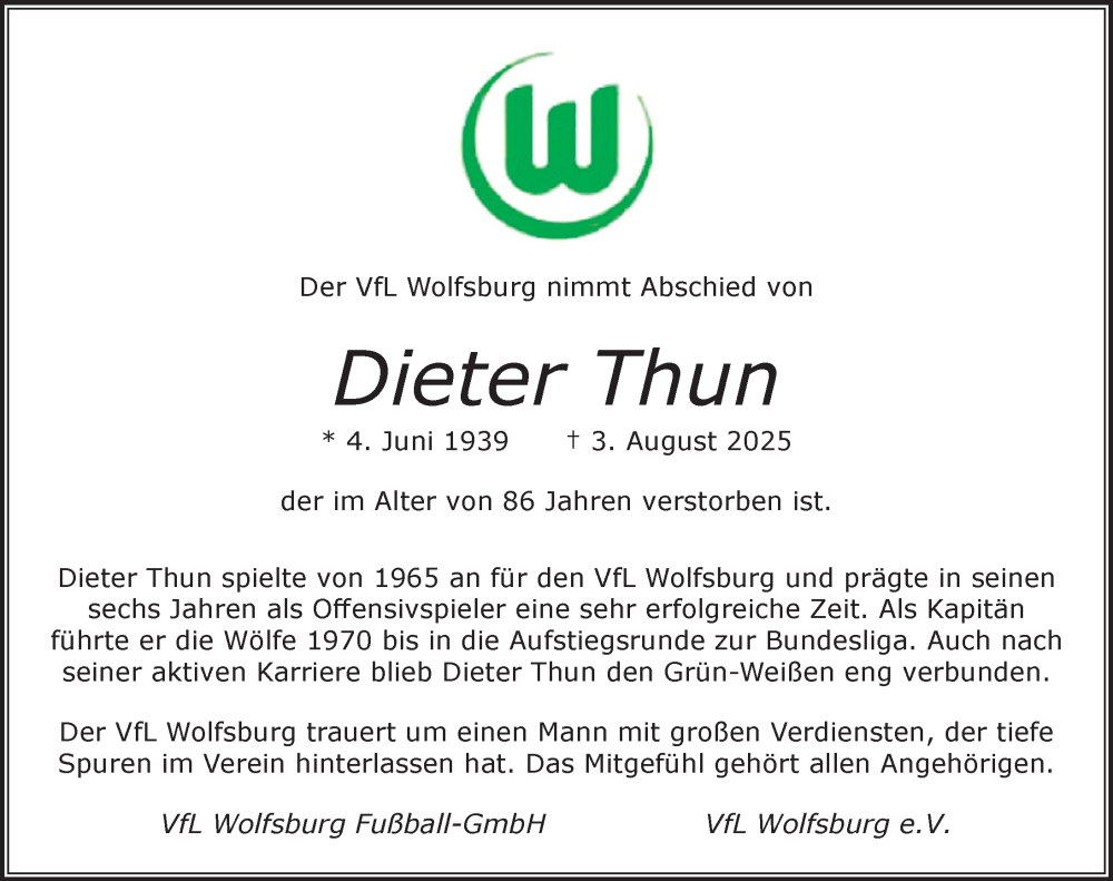  Traueranzeige für Dieter Thun vom 16.08.2025 aus Aller Zeitung