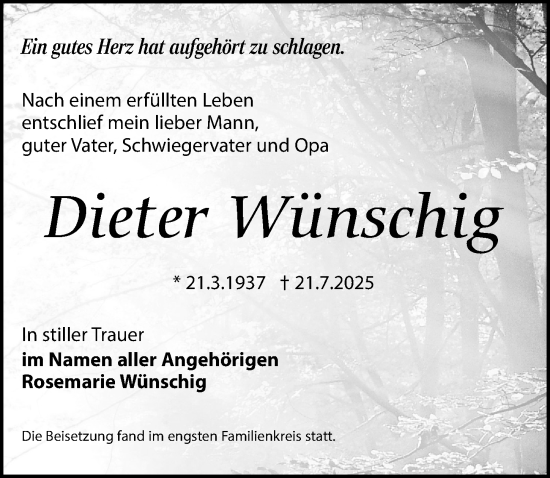 Traueranzeige von Dieter Wünschig von Märkischen Allgemeine Zeitung
