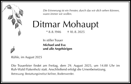 Traueranzeige von Ditmar Mohaupt von Täglicher Anzeiger Holzminden