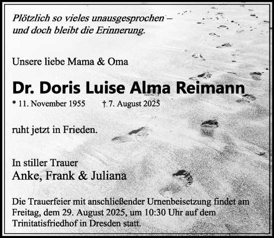 Traueranzeige von Doris Luise Alma Reimann von Sächsische Zeitung