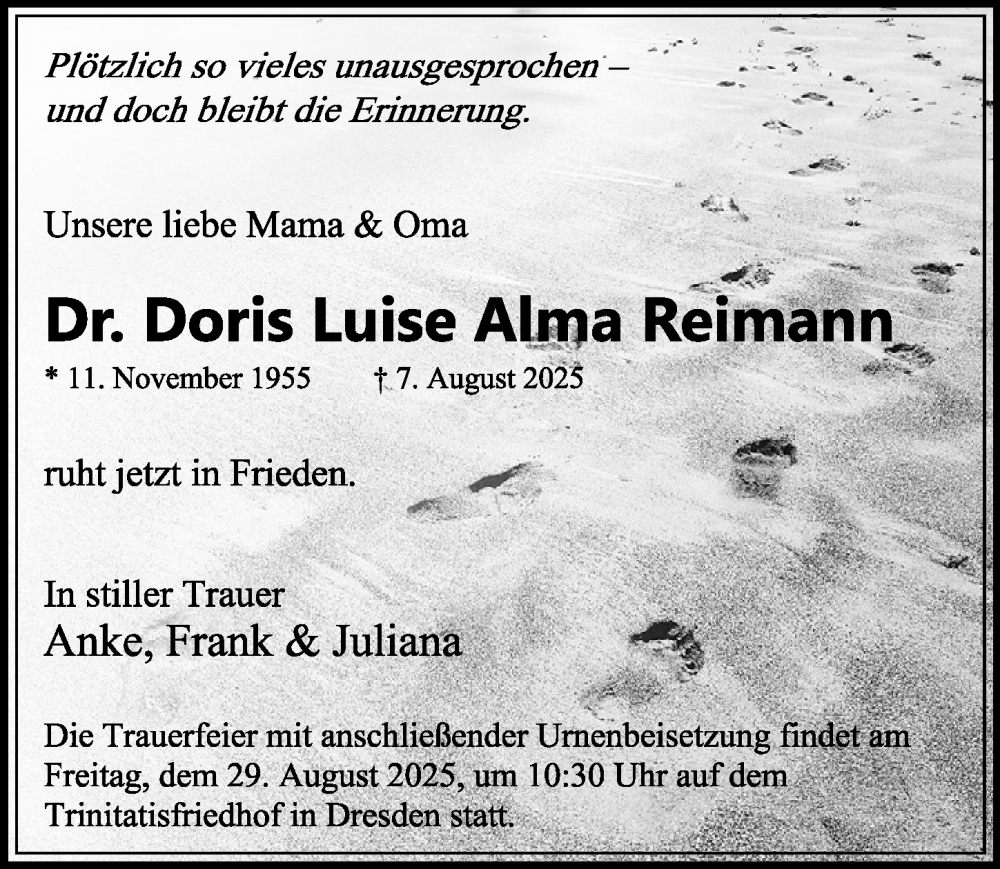  Traueranzeige für Doris Luise Alma Reimann vom 23.08.2025 aus Sächsische Zeitung