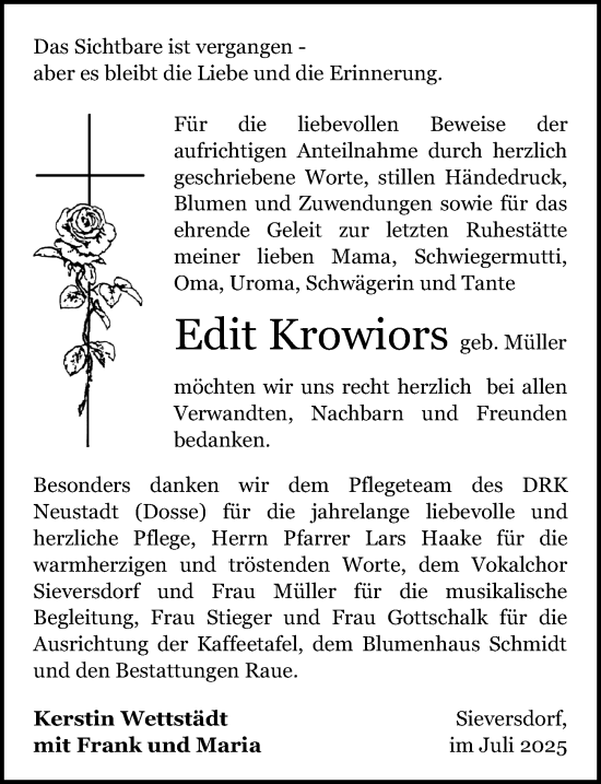 Traueranzeige von Edit Krowiors von Wochenspiegel