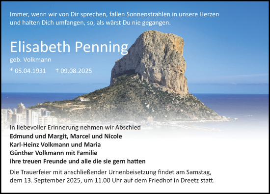 Traueranzeige von Elisabeth Penning von Wochenspiegel