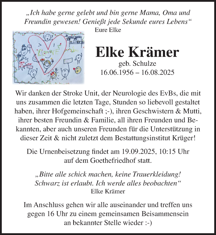  Traueranzeige für Elke Krämer vom 30.08.2025 aus Märkischen Allgemeine Zeitung