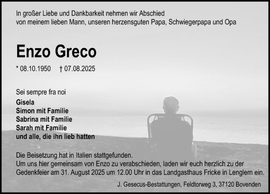 Traueranzeige von Enzo Greco von Göttinger Tageblatt