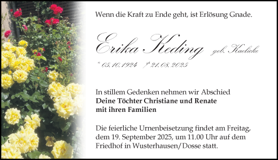 Traueranzeige von Erika Keding von Wochenspiegel