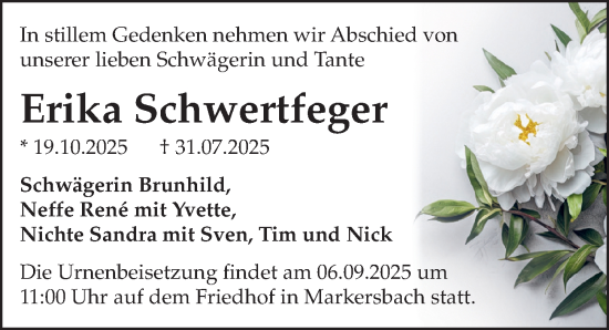 Traueranzeige von Erika Schwertfeger von Sächsische Zeitung