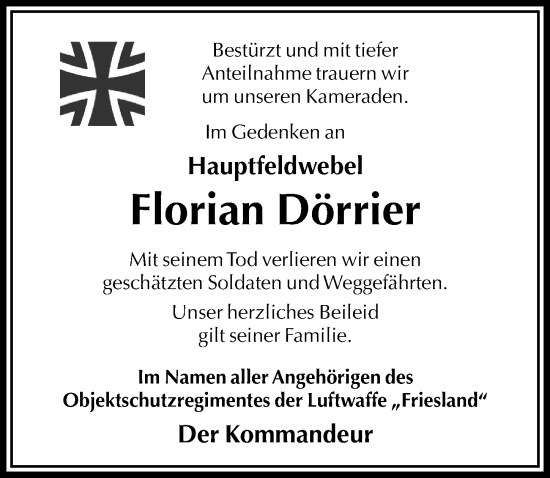 Traueranzeige von Florian Dörrier von Täglicher Anzeiger Holzminden