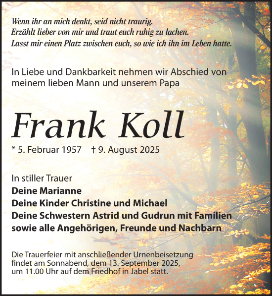 Traueranzeige von Frank Koll von Wochenspiegel