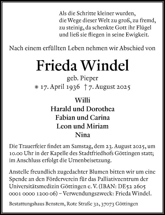 Traueranzeige von Frieda Windel von Göttinger Tageblatt