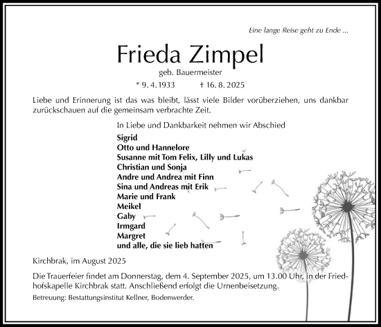 Traueranzeige von Frieda Zimpel von Täglicher Anzeiger Holzminden