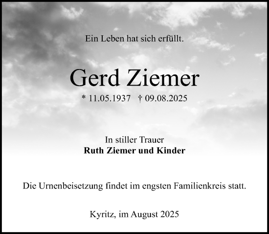Traueranzeige von Gerd Ziemer von Wochenspiegel