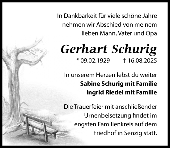 Traueranzeige von Gerhart Schurig von Märkischen Allgemeine Zeitung