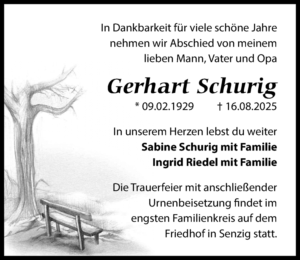  Traueranzeige für Gerhart Schurig vom 23.08.2025 aus Märkischen Allgemeine Zeitung
