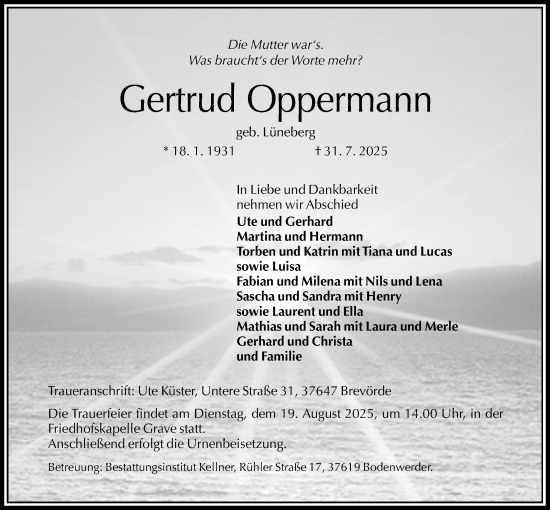 Traueranzeige von Gertrud Oppermann von Täglicher Anzeiger Holzminden