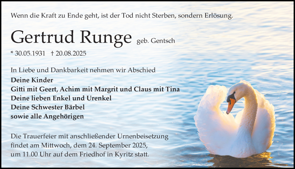  Traueranzeige für Gertrud Runge vom 30.08.2025 aus Wochenspiegel
