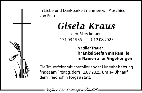 Traueranzeige von Gisela Kraus von Torgauer Zeitung