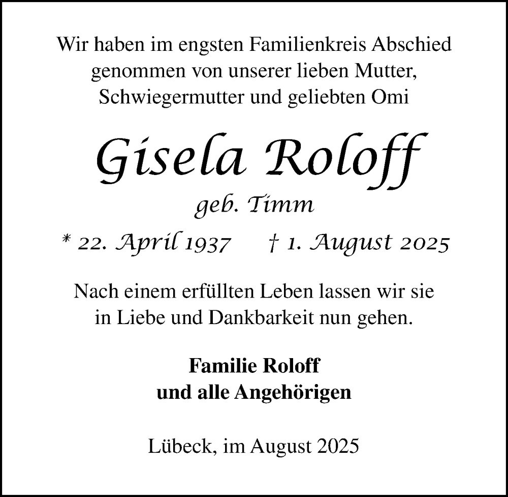 Traueranzeige für Gisela Roloff vom 24.08.2025 aus Lübecker Nachrichten