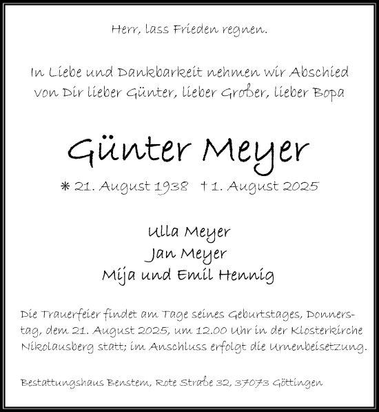 Traueranzeige von Günter Meyer von Göttinger Tageblatt