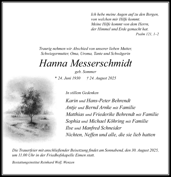 Traueranzeige von Hanna Messerschmidt von Täglicher Anzeiger Holzminden