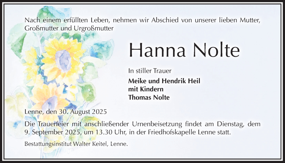  Traueranzeige für Hanna Nolte vom 30.08.2025 aus Täglicher Anzeiger Holzminden